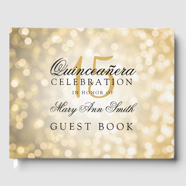 Livre d'hôtes Quinceanera Gold Bokeh Lights (Recto)