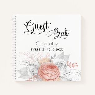 Livre d'hôtes Sweet 16 rose or floral argent