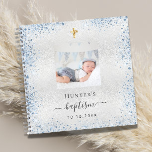 Livre d'invité baptême argent bleu garçon photo