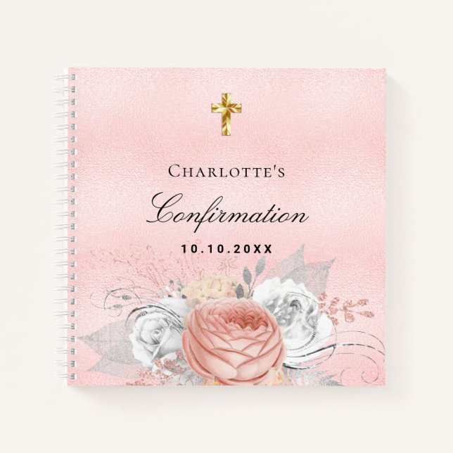 Livre d'invité confirmation flush rose or fleurs (Devant)