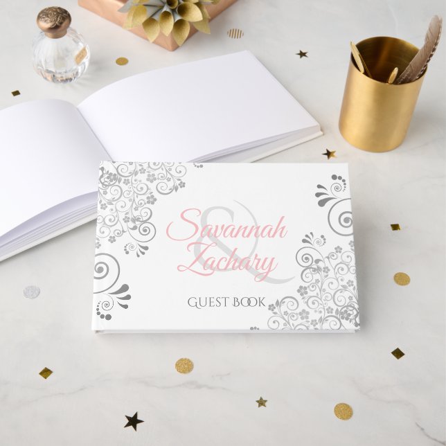 Livre d'invité de mariage élégant rose et gris (Recto ouvert)