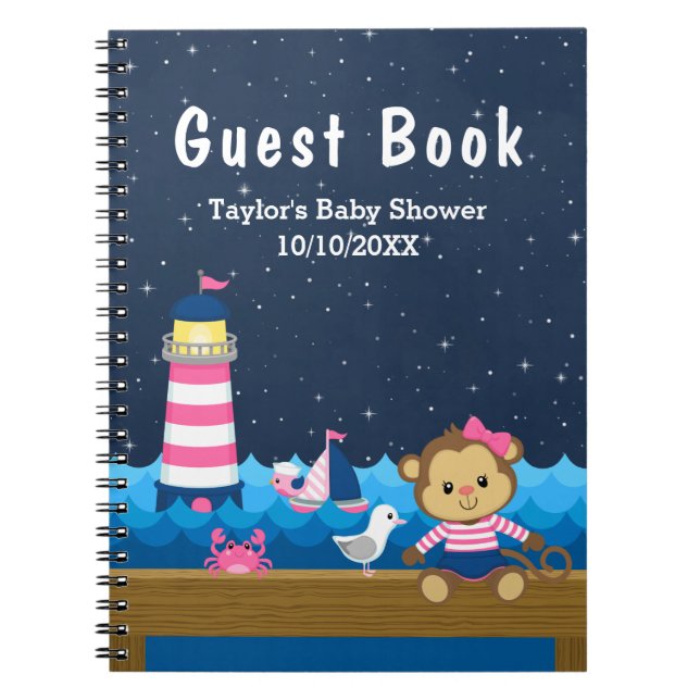 Livre d'invité du Baby shower rose singe Nautique (Devant)