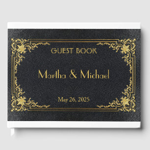 Livre d'Invité en Cuir Embossé Faux Gold