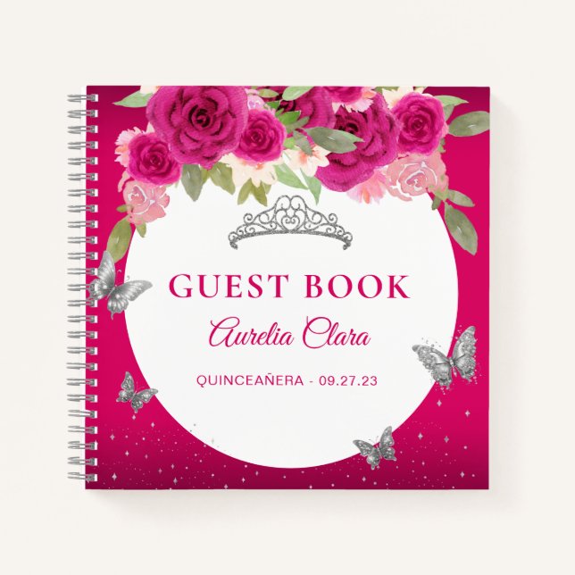 Livre d'invité Floral Pink Silver Tiara Butterfly (Devant)