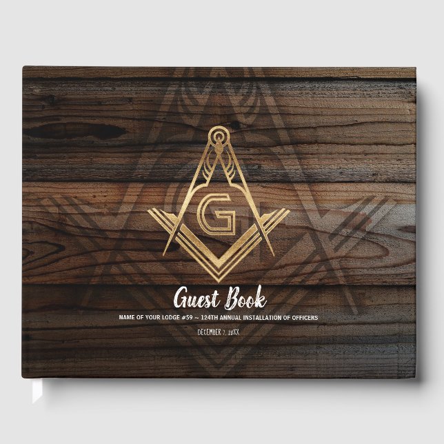Livre d'invité Gold Rustic Wood Masonic | Freemaso (Recto)