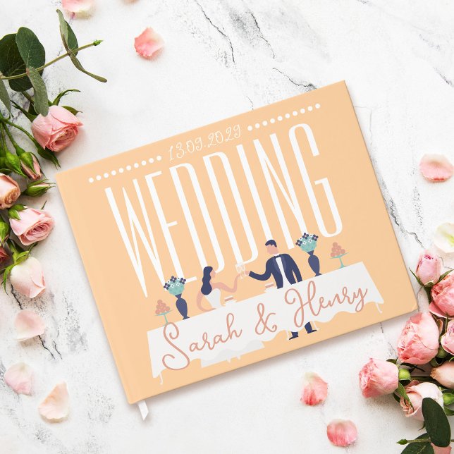 Livre D'Invité Mariage Moderne Avec Toast Couple (Peach modern wedding guest book with wedding table with brode and groom having toast)