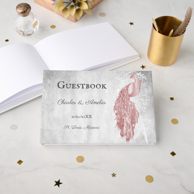 Livre d'invité Mariage Pink Peacock (Recto ouvert)
