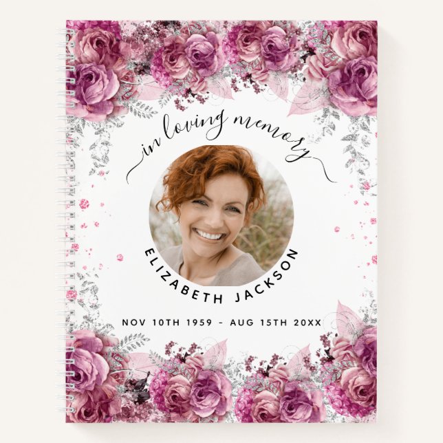 Livre d'invité mémorial rose floral photo funérail (Devant)