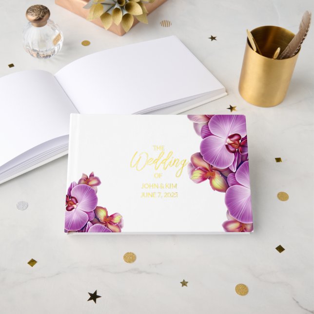 Livre d'invité moderne Mariage orchidée Foil (Recto ouvert)