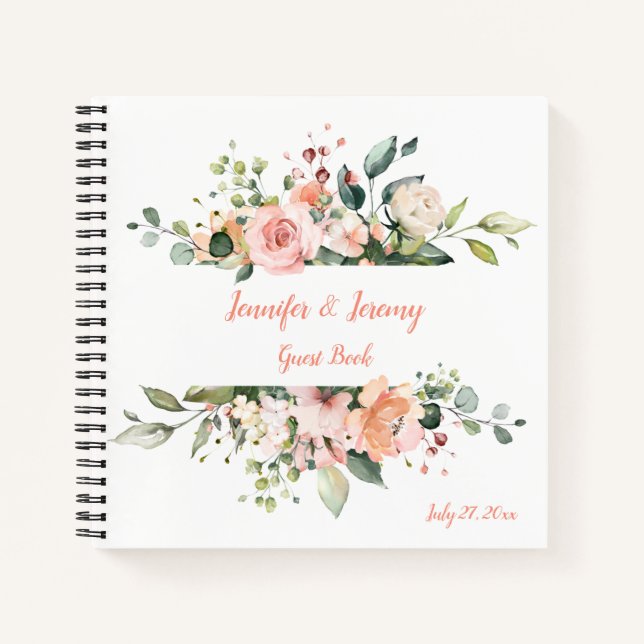 Livre d'invité Peach Peach Pink White Green Floral (Devant)