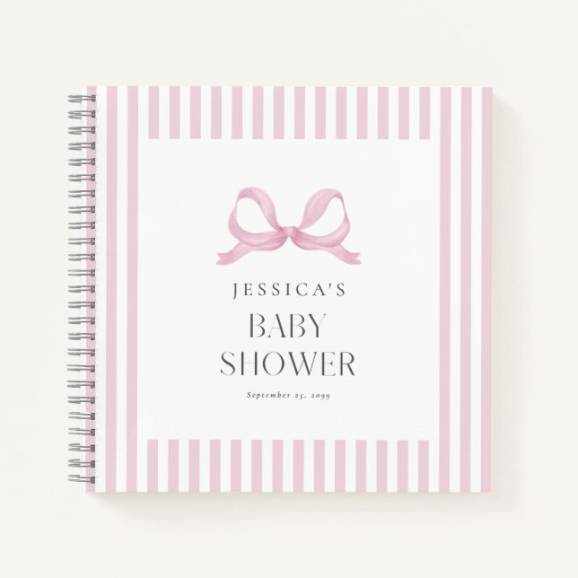 Livre d'invité Preppy Pink Striped Bow Baby shower (Devant)