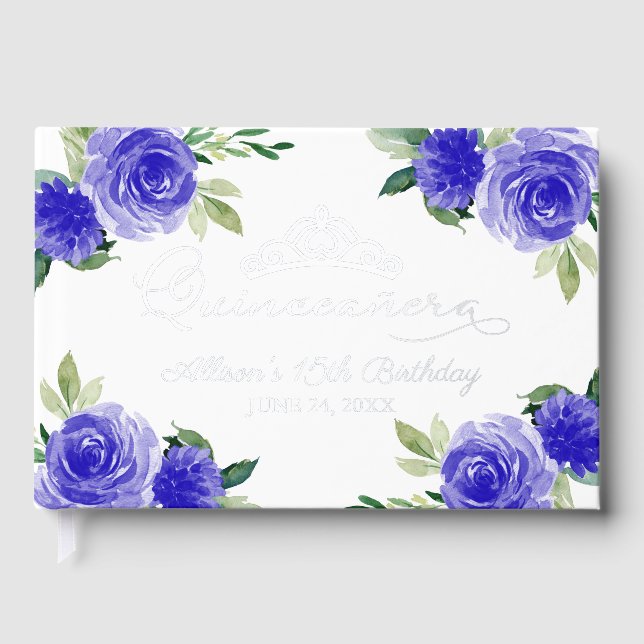 Livre d'invité Quinceanera Floral bleu foncé (Recto)