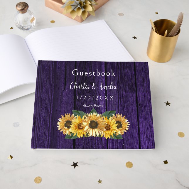 Livre d'invité Rustic Purple Sunflower Mariage (Recto ouvert)