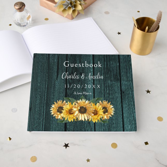 Livre d'invité Rustic Turquoise Mariage Sunflower (Recto ouvert)