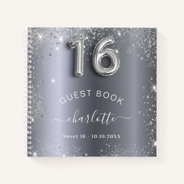 Livre d'invité Sweet 16 argent nom de parties scin (Devant)