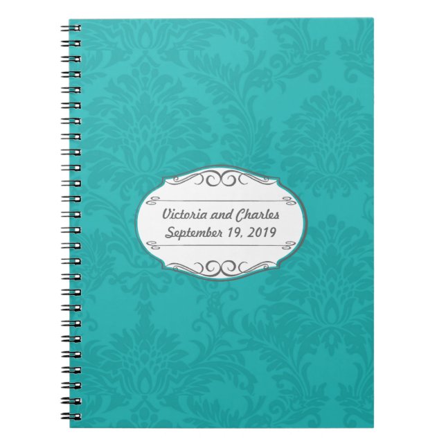 Livre d'invité Turquoise Mariage damassé Planning (Devant)