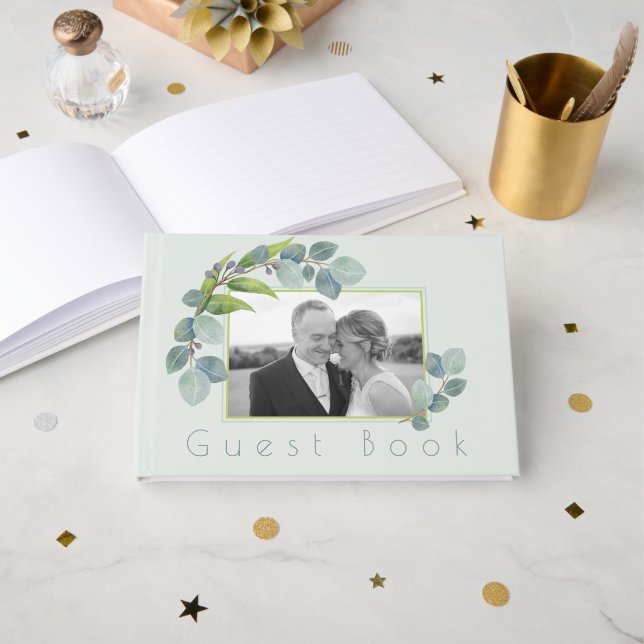 Livre d'invités photo Mariage Feuille Eucalyptus (Recto ouvert)