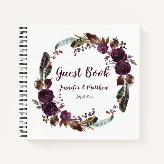 Livre d'invités Rustique Boho Eggplant Purple Rose (Devant)