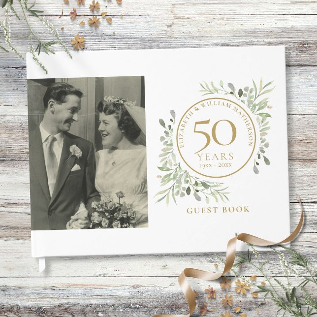 Livre D'or 50e anniversaire de Mariage Gold Green Photo (50th Wedding Anniversary Gold Greenery Photo Guest Book)