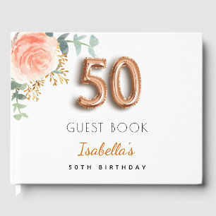 Livre D'or 50e anniversaire fleuri rose or eucalyptus nom
