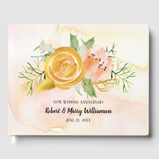 Livre D'or 50e anniversaire Mariage or rose floral (Recto)