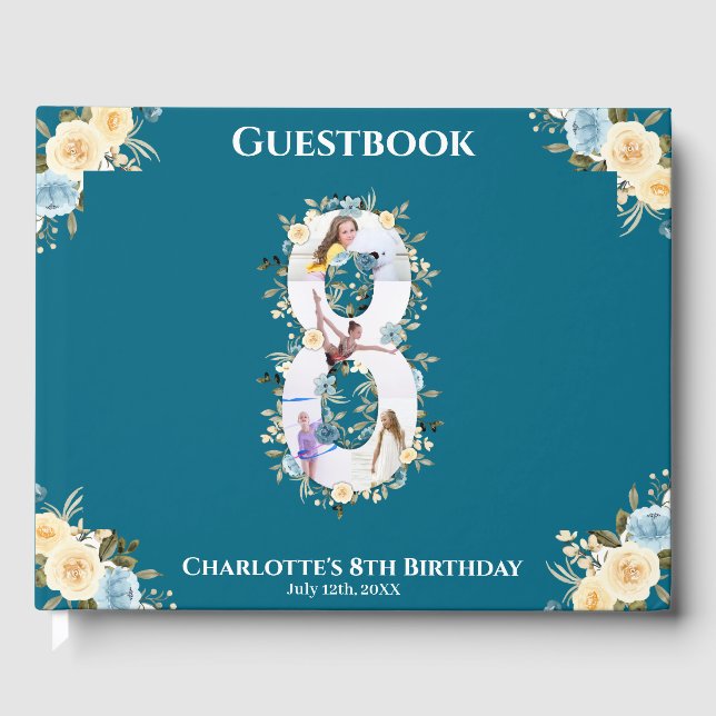 Livre D'or 8e anniversaire Fleur Turquoise photo Collage bleu (Recto)