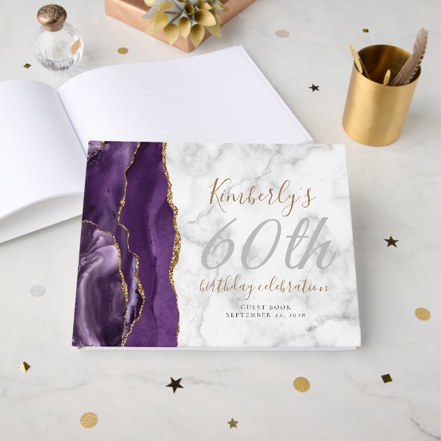 Livre D'or Agate moderne violet or Script Marbre Anniversaire (Recto ouvert)