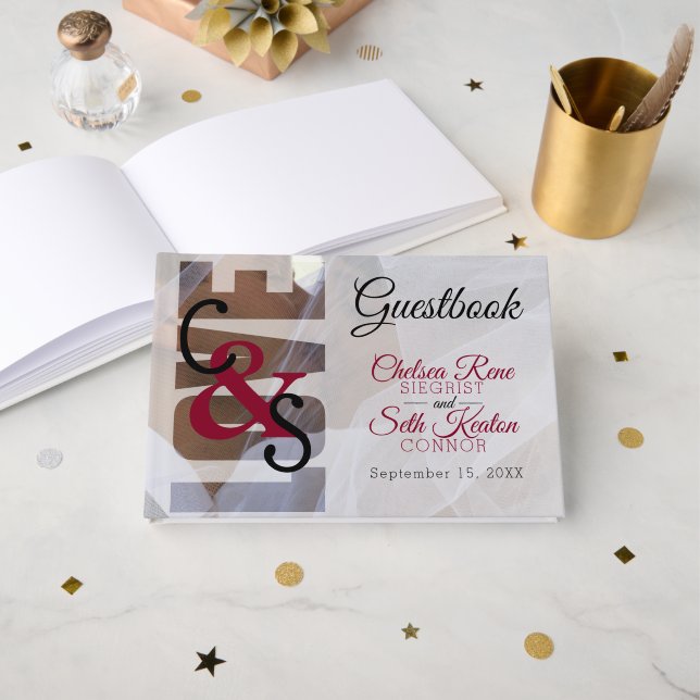 Livre D'or Amour de la journée moderne - Red Maroon Mariage G (Recto ouvert)