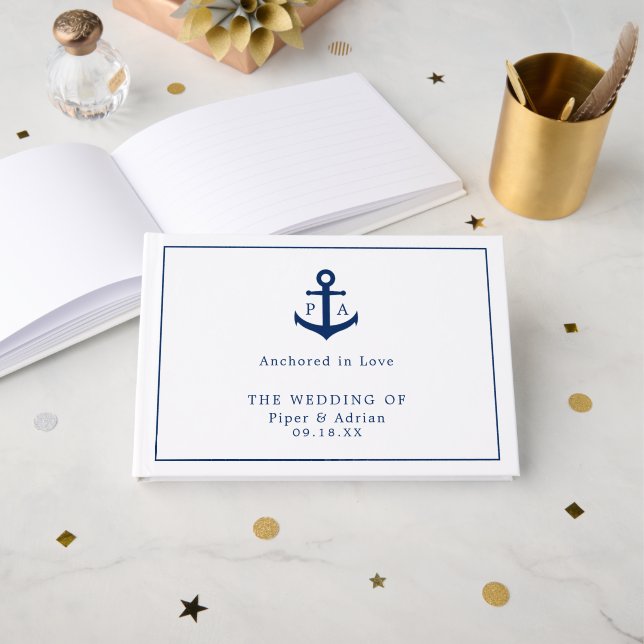 Livre D'or Ancre bleu marine Mariage de monogramme (Recto ouvert)