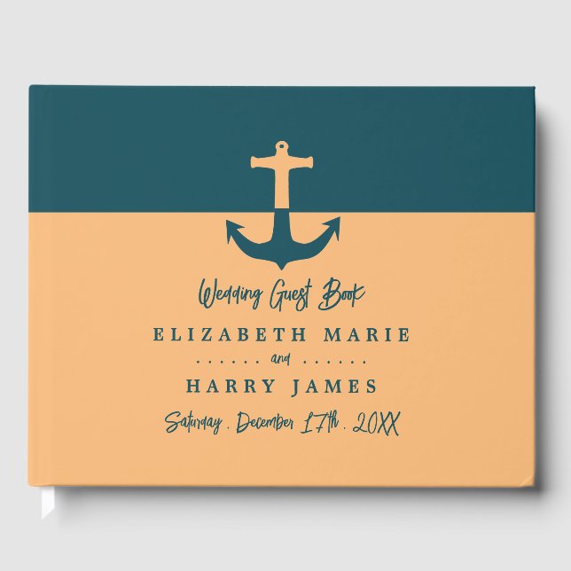 Livre D'or Ancre nautique - Bleu corail - Mariage plage (Recto)