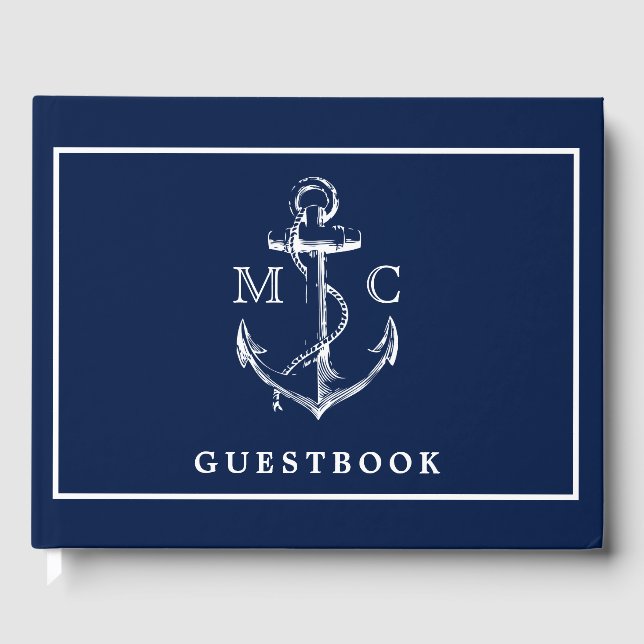 Livre D'or Ancre nautique bleu marine Mariage de monogramme (Recto)