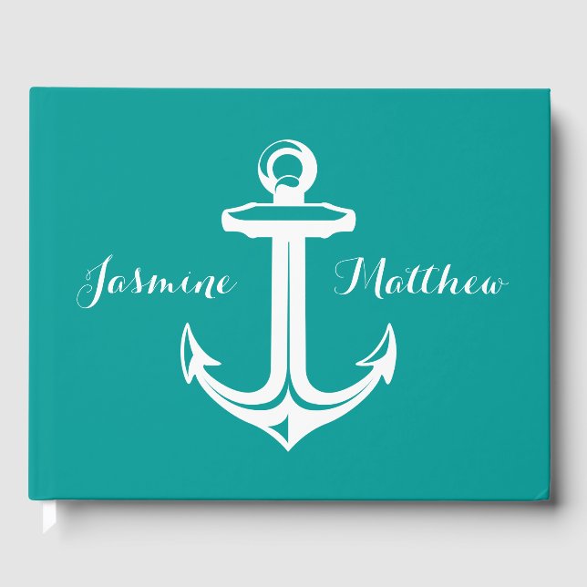 Livre D'or Ancre nautique Mariage Turquoise, Fête des mariées (Recto)