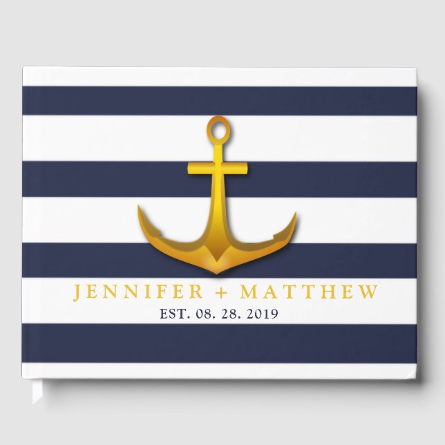 Livre D'or Ancre nautique or Marine Mariage bleu et blanc (Recto)