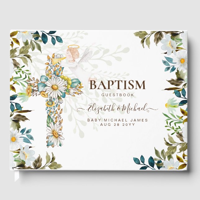 Livre D'or Angel Croix Florale Verdure Baptême Christening Gu (Recto)