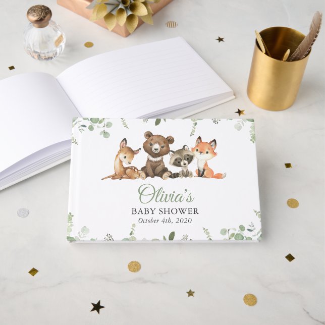 Livre D'or Animaux des bois, Forêt, Un sauvage, Baby shower (Recto ouvert)