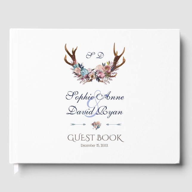Livre D'or Antlers Mariage floral bleu rose pâle (Recto)