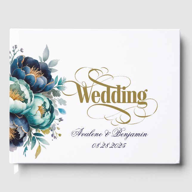 Livre D'or Aqua Turquoise et Navy Peony Bouquet Mariage (Recto)