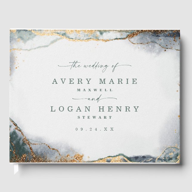 Livre D'or Aquarelle Abstraite moderne Mariage vert et or (Recto)
