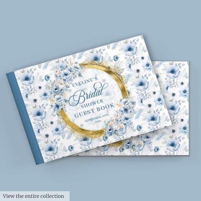 Livre D'or Aquarelle Bleu Clair Sauge Doré Fleurs Pailletées (Watercolor Light Blue Sage Gold Glitter Floral Guest Book)