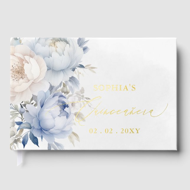 Livre D'or Aquarelle bleu Dusty Floral Quinceañera (Recto)
