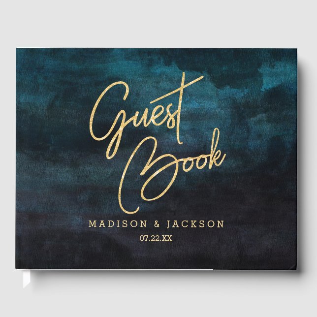 Livre D'or Aquarelle bleu marine et Mariage or Monogramme (Recto)