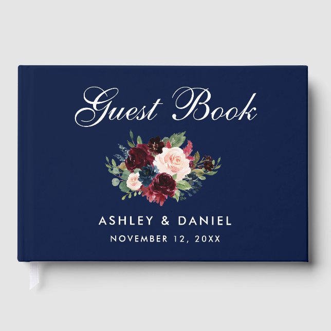 Livre D'or Aquarelle Burgundy Blue Floral Mariage (Recto)