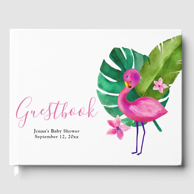 Livre D'or Aquarelle Flamant rose rose Baby shower tropical (Recto)