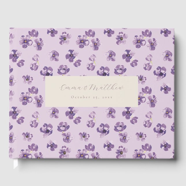 Livre D'or Aquarelle Fleurs violettes et Script d'épine verte (Recto)
