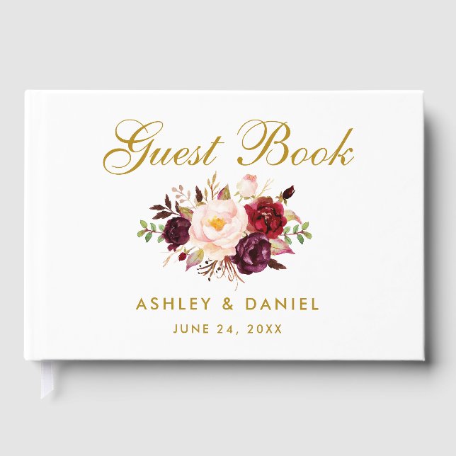 Livre D'or Aquarelle Floral Bourgogne Mariage or (Recto)