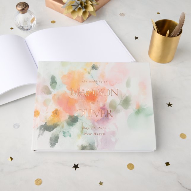 Livre D'or Aquarelle Florale Elégant Romantique Mariage de lu (Recto ouvert)