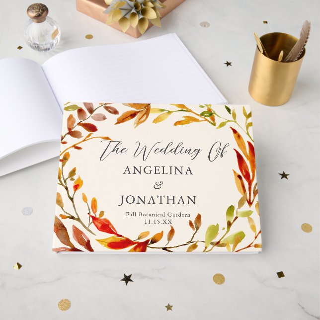 Livre D'or Aquarelle Gras Automne Feuilles de crème Mariage p (Recto ouvert)