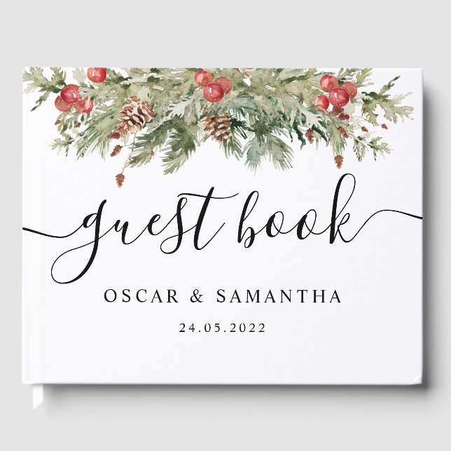 Livre D'or Aquarelle Hiver Pine verte Arbre et Pine Cône (Recto)