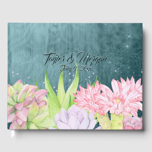 Livre D'or Aquarelle magique Succulents Mariage bleu turquois (Recto)