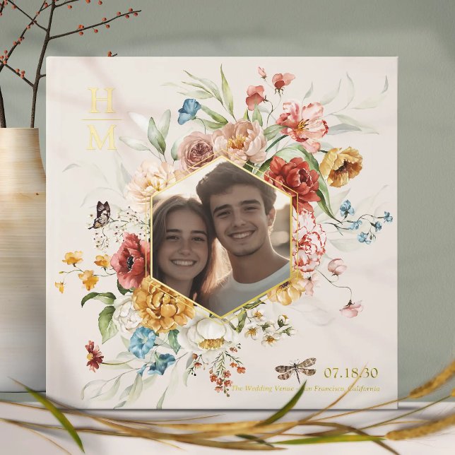 Livre D'or Aquarelle moderne Floral Couple Photo Mariage or (Modern Watercolor Floral Couple Photo Wedding gold foil guestbook

)